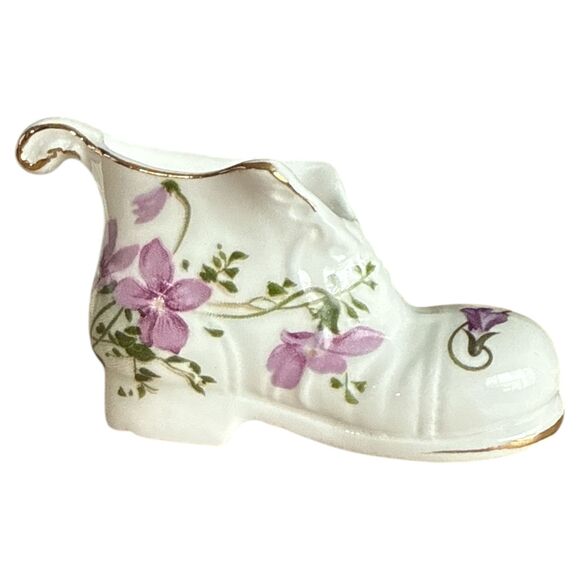 VTG Fine Bone China Boot Vase Le Tao Taiwan Purple Floral Gold Trim Miniature - Picture 5 of 7